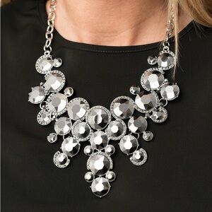 Paparazzi Fierce Zi Necklace, Silver Faceted Statement Necklace for Women